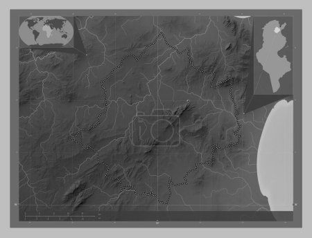 Téléchargez les photos : Zaghouan, gouvernorat de Tunisie. Carte d'altitude en niveaux de gris avec lacs et rivières. Corner cartes de localisation auxiliaires - en image libre de droit