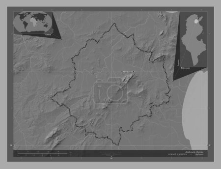 Téléchargez les photos : Zaghouan, gouvernorat de Tunisie. Carte d'altitude de Bilevel avec lacs et rivières. Emplacements et noms des grandes villes de la région. Corner cartes de localisation auxiliaires - en image libre de droit