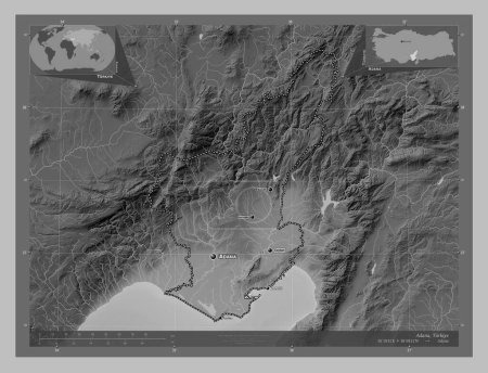 Foto de Adana, province of Turkiye. Grayscale elevation map with lakes and rivers. Locations and names of major cities of the region. Corner auxiliary location maps - Imagen libre de derechos