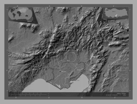 Foto de Adana, provincia de Turkiye. Mapa de elevación de Bilevel con lagos y ríos. Ubicaciones y nombres de las principales ciudades de la región. Mapas de ubicación auxiliares de esquina - Imagen libre de derechos