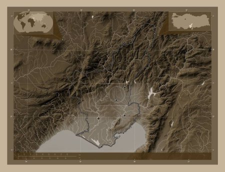 Foto de Adana, province of Turkiye. Elevation map colored in sepia tones with lakes and rivers. Locations of major cities of the region. Corner auxiliary location maps - Imagen libre de derechos