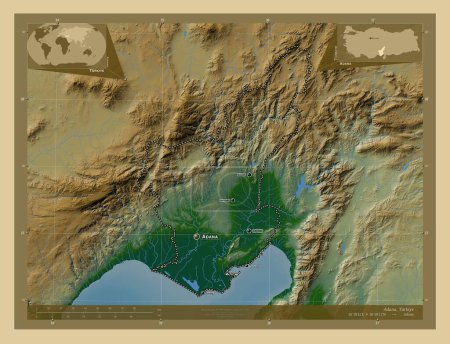 Foto de Adana, province of Turkiye. Colored elevation map with lakes and rivers. Locations and names of major cities of the region. Corner auxiliary location maps - Imagen libre de derechos