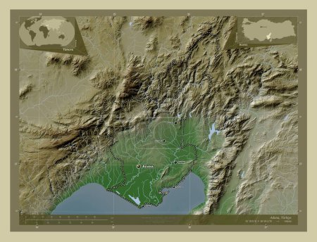 Foto de Adana, province of Turkiye. Elevation map colored in wiki style with lakes and rivers. Locations and names of major cities of the region. Corner auxiliary location maps - Imagen libre de derechos