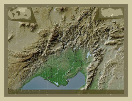 Foto de Adana, province of Turkiye. Elevation map colored in wiki style with lakes and rivers. Locations of major cities of the region. Corner auxiliary location maps - Imagen libre de derechos