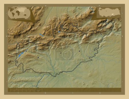 Photo for Adiyaman, province of Turkiye. Colored elevation map with lakes and rivers. Locations of major cities of the region. Corner auxiliary location maps - Royalty Free Image