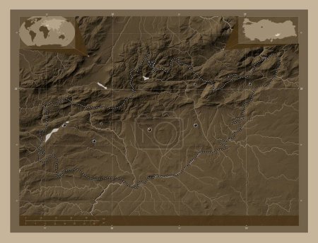 Photo for Adiyaman, province of Turkiye. Elevation map colored in sepia tones with lakes and rivers. Locations of major cities of the region. Corner auxiliary location maps - Royalty Free Image