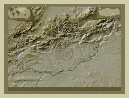 Photo for Adiyaman, province of Turkiye. Elevation map colored in wiki style with lakes and rivers. Corner auxiliary location maps - Royalty Free Image