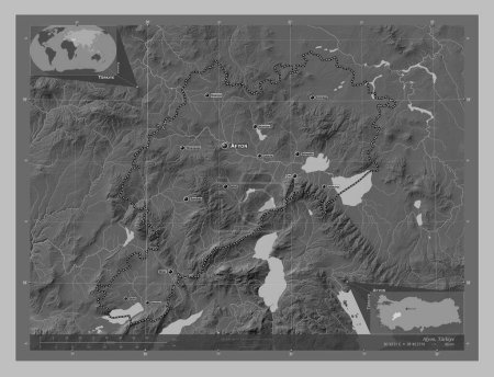 Téléchargez les photos : Afyon, province de Turkiye. Carte d'altitude en niveaux de gris avec lacs et rivières. Emplacements et noms des grandes villes de la région. Corner cartes de localisation auxiliaires - en image libre de droit
