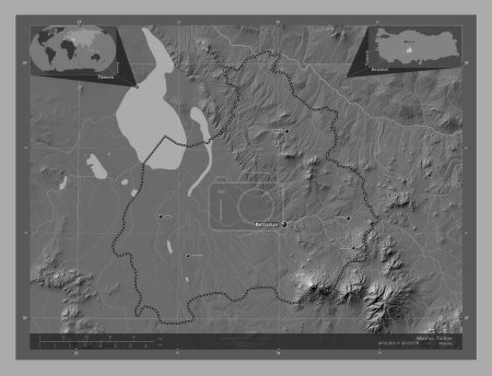 Foto de Aksaray, provincia de Turkiye. Mapa de elevación de Bilevel con lagos y ríos. Ubicaciones y nombres de las principales ciudades de la región. Mapas de ubicación auxiliares de esquina - Imagen libre de derechos