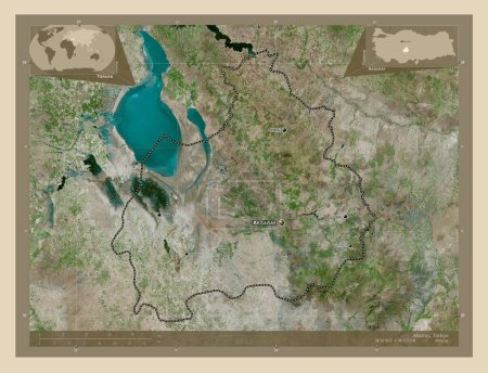 Téléchargez les photos : Aksaray, province de Turkiye. Carte satellite haute résolution. Emplacements et noms des grandes villes de la région. Corner cartes de localisation auxiliaires - en image libre de droit