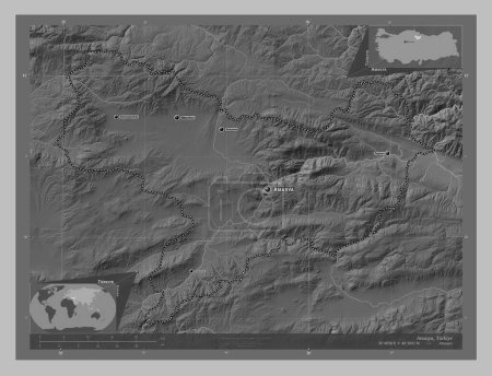 Photo pour Amasya, province of Turkiye. Grayscale elevation map with lakes and rivers. Locations and names of major cities of the region. Corner auxiliary location maps - image libre de droit