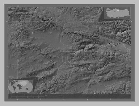 Photo pour Amasya, province of Turkiye. Grayscale elevation map with lakes and rivers. Locations of major cities of the region. Corner auxiliary location maps - image libre de droit