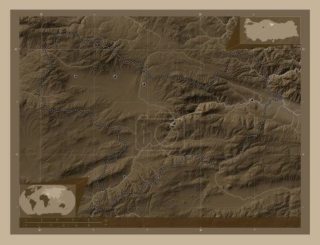 Photo pour Amasya, province of Turkiye. Elevation map colored in sepia tones with lakes and rivers. Locations of major cities of the region. Corner auxiliary location maps - image libre de droit
