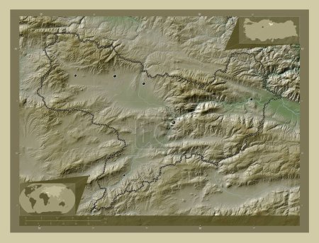 Photo pour Amasya, province of Turkiye. Elevation map colored in wiki style with lakes and rivers. Locations of major cities of the region. Corner auxiliary location maps - image libre de droit