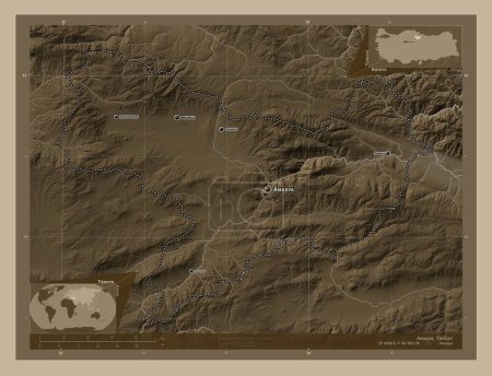 Photo pour Amasya, province of Turkiye. Elevation map colored in sepia tones with lakes and rivers. Locations and names of major cities of the region. Corner auxiliary location maps - image libre de droit