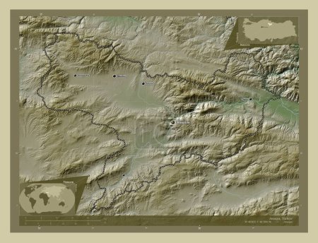 Photo pour Amasya, province of Turkiye. Elevation map colored in wiki style with lakes and rivers. Locations and names of major cities of the region. Corner auxiliary location maps - image libre de droit