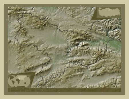 Téléchargez les photos : Amasya, province of Turkiye. Elevation map colored in wiki style with lakes and rivers. Corner auxiliary location maps - en image libre de droit