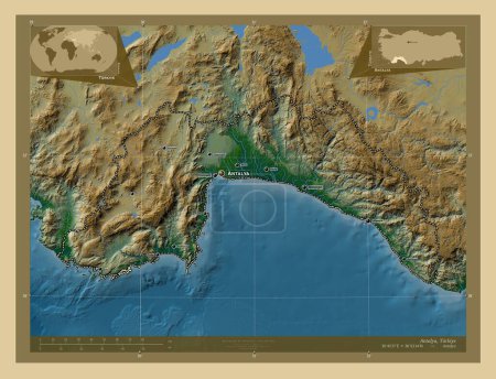 Photo for Antalya, province of Turkiye. Colored elevation map with lakes and rivers. Locations and names of major cities of the region. Corner auxiliary location maps - Royalty Free Image