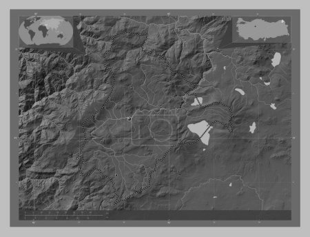 Foto de Ardahan, provincia de Turkiye. Mapa de elevación a escala de grises con lagos y ríos. Ubicaciones de las principales ciudades de la región. Mapas de ubicación auxiliares de esquina - Imagen libre de derechos