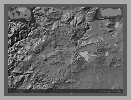 Téléchargez les photos : Ardahan, province of Turkiye. Bilevel elevation map with lakes and rivers. Locations and names of major cities of the region. Corner auxiliary location maps - en image libre de droit