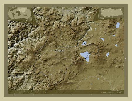 Foto de Ardahan, provincia de Turkiye. Mapa de elevación coloreado en estilo wiki con lagos y ríos. Ubicaciones y nombres de las principales ciudades de la región. Mapas de ubicación auxiliares de esquina - Imagen libre de derechos