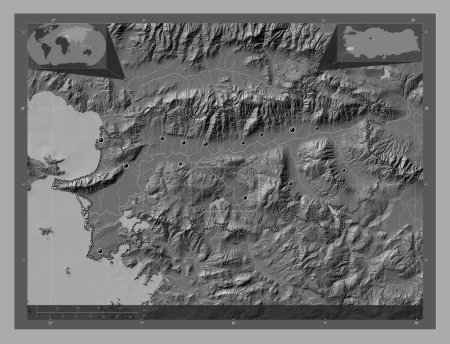 Foto de Aydin, provincia de Turkiye. Mapa de elevación de Bilevel con lagos y ríos. Ubicaciones de las principales ciudades de la región. Mapas de ubicación auxiliares de esquina - Imagen libre de derechos