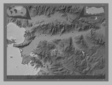Téléchargez les photos : Aydin, province de Turkiye. Carte d'altitude en niveaux de gris avec lacs et rivières. Emplacements des grandes villes de la région. Corner cartes de localisation auxiliaires - en image libre de droit