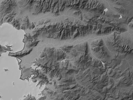 Téléchargez les photos : Aydin, province de Turkiye. Carte d'altitude en niveaux de gris avec lacs et rivières - en image libre de droit