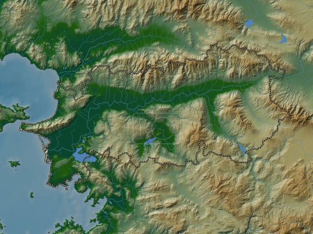 Téléchargez les photos : Aydin, province de Turkiye. Carte d'altitude colorée avec lacs et rivières - en image libre de droit