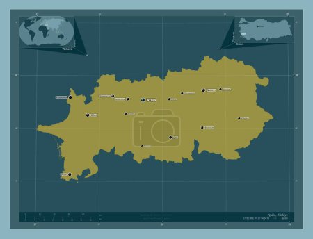 Téléchargez les photos : Aydin, province of Turkiye. Solid color shape. Locations and names of major cities of the region. Corner auxiliary location maps - en image libre de droit