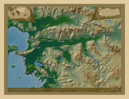 Foto de Aydin, provincia de Turkiye. Mapa de elevación de colores con lagos y ríos. Ubicaciones y nombres de las principales ciudades de la región. Mapas de ubicación auxiliares de esquina - Imagen libre de derechos