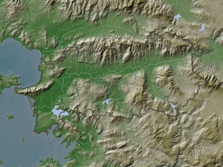 Téléchargez les photos : Aydin, province de Turkiye. Carte d'altitude colorée dans le style wiki avec des lacs et des rivières - en image libre de droit