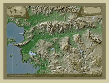 Foto de Aydin, provincia de Turkiye. Mapa de elevación coloreado en estilo wiki con lagos y ríos. Ubicaciones y nombres de las principales ciudades de la región. Mapas de ubicación auxiliares de esquina - Imagen libre de derechos
