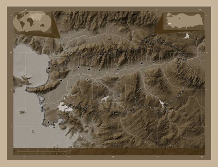 Téléchargez les photos : Aydin, province of Turkiye. Elevation map colored in sepia tones with lakes and rivers. Locations of major cities of the region. Corner auxiliary location maps - en image libre de droit