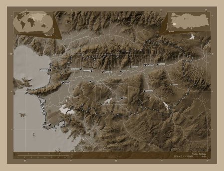 Téléchargez les photos : Aydin, province of Turkiye. Elevation map colored in sepia tones with lakes and rivers. Locations and names of major cities of the region. Corner auxiliary location maps - en image libre de droit