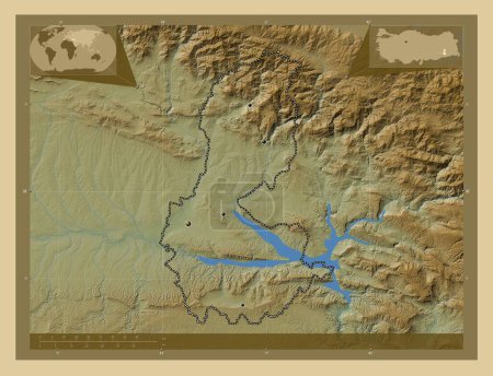Téléchargez les photos : Batman, province de Turkiye. Carte d'altitude colorée avec lacs et rivières. Emplacements des grandes villes de la région. Corner cartes de localisation auxiliaires - en image libre de droit