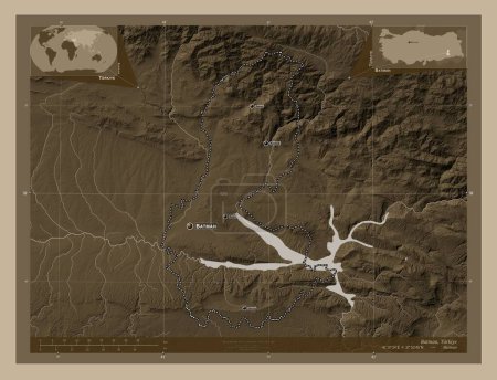 Téléchargez les photos : Batman, province of Turkiye. Elevation map colored in sepia tones with lakes and rivers. Locations and names of major cities of the region. Corner auxiliary location maps - en image libre de droit