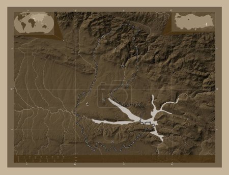 Téléchargez les photos : Batman, province of Turkiye. Elevation map colored in sepia tones with lakes and rivers. Locations of major cities of the region. Corner auxiliary location maps - en image libre de droit