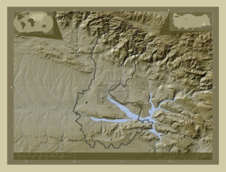 Foto de Batman, provincia de Turkiye. Mapa de elevación coloreado en estilo wiki con lagos y ríos. Ubicaciones de las principales ciudades de la región. Mapas de ubicación auxiliares de esquina - Imagen libre de derechos