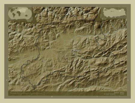 Foto de Bayburt, provincia de Turkiye. Mapa de elevación coloreado en estilo wiki con lagos y ríos. Ubicaciones y nombres de las principales ciudades de la región. Mapas de ubicación auxiliares de esquina - Imagen libre de derechos