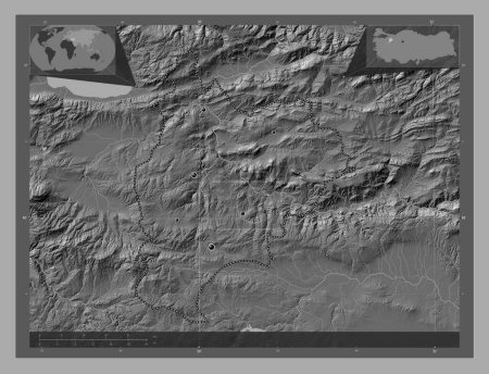 Photo for Bilecik, province of Turkiye. Bilevel elevation map with lakes and rivers. Locations of major cities of the region. Corner auxiliary location maps - Royalty Free Image