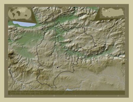 Téléchargez les photos : Bilecik, province de Turkiye. Carte d'altitude colorée dans le style wiki avec des lacs et des rivières. Emplacements des grandes villes de la région. Corner cartes de localisation auxiliaires - en image libre de droit
