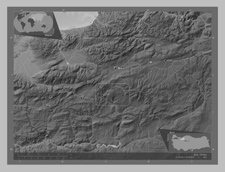 Photo for Bolu, province of Turkiye. Grayscale elevation map with lakes and rivers. Locations and names of major cities of the region. Corner auxiliary location maps - Royalty Free Image