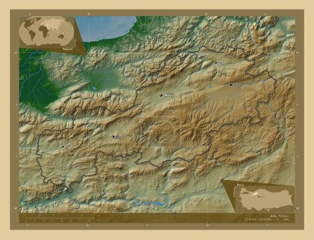 Photo for Bolu, province of Turkiye. Colored elevation map with lakes and rivers. Locations and names of major cities of the region. Corner auxiliary location maps - Royalty Free Image
