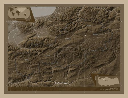 Téléchargez les photos : Bolu, province de Turkiye. Carte d'altitude colorée dans des tons sépia avec des lacs et des rivières. Emplacements et noms des grandes villes de la région. Corner cartes de localisation auxiliaires - en image libre de droit