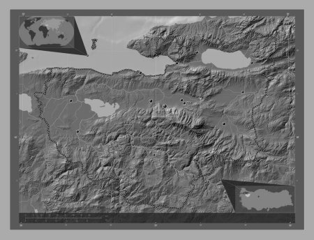 Téléchargez les photos : Bursa, province of Turkiye. Bilevel elevation map with lakes and rivers. Locations of major cities of the region. Corner auxiliary location maps - en image libre de droit