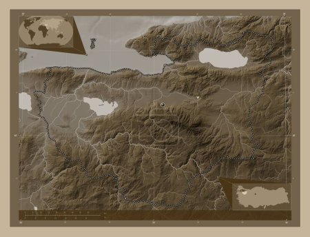 Foto de Bursa, provincia de Turkiye. Mapa de elevación coloreado en tonos sepia con lagos y ríos. Mapas de ubicación auxiliares de esquina - Imagen libre de derechos