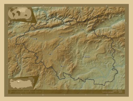 Téléchargez les photos : Cankiri, province de Turkiye. Carte d'altitude colorée avec lacs et rivières. Emplacements et noms des grandes villes de la région. Corner cartes de localisation auxiliaires - en image libre de droit