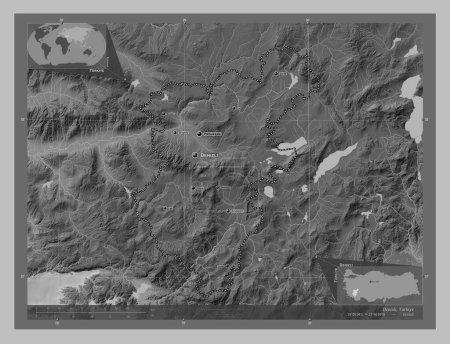 Photo for Denizli, province of Turkiye. Grayscale elevation map with lakes and rivers. Locations and names of major cities of the region. Corner auxiliary location maps - Royalty Free Image