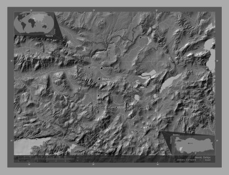 Photo for Denizli, province of Turkiye. Bilevel elevation map with lakes and rivers. Locations and names of major cities of the region. Corner auxiliary location maps - Royalty Free Image